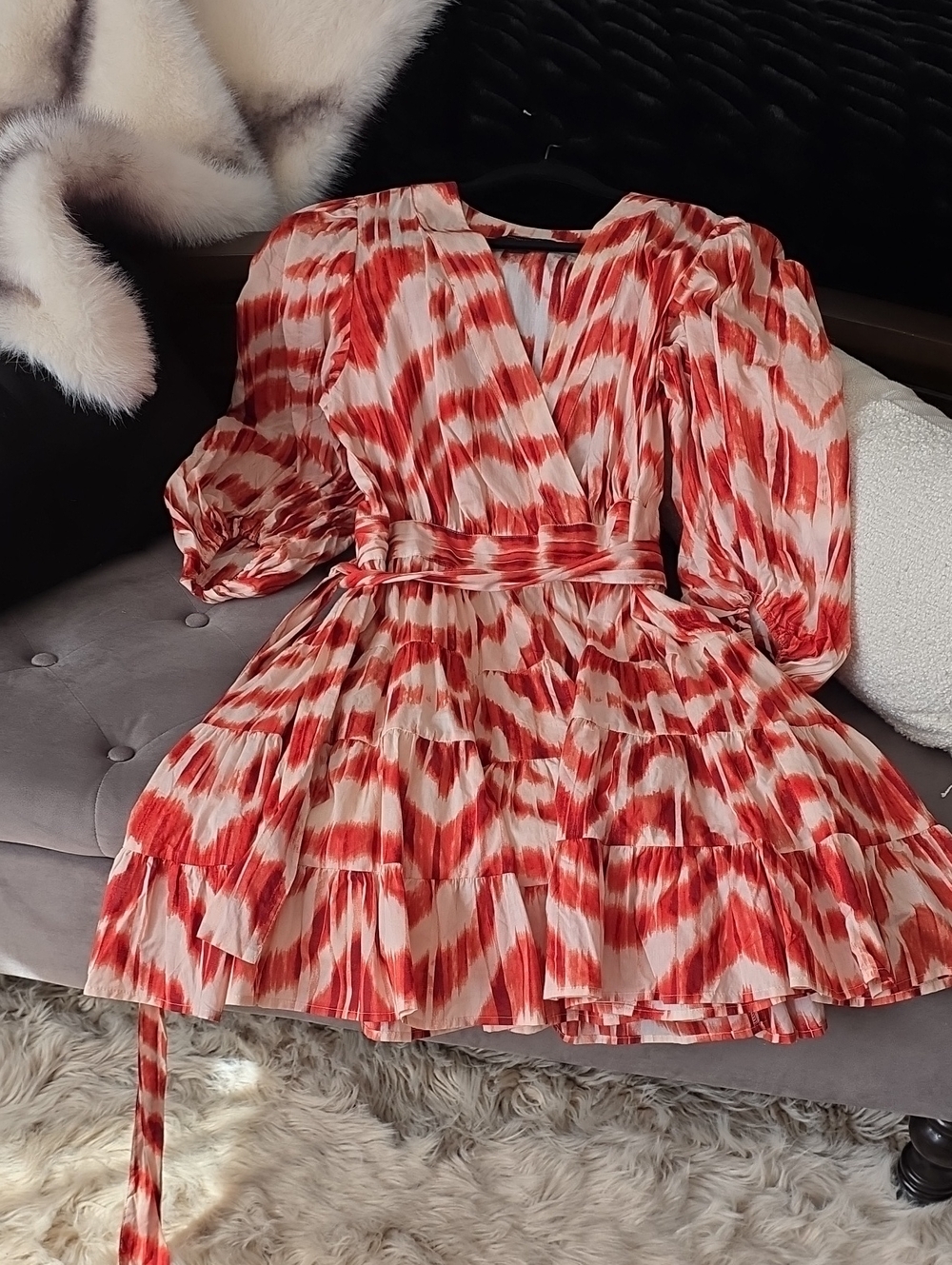 Banana Republic Red & Cream Tiered Wrap Midi Dress